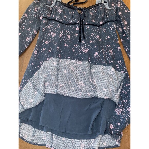 Free People Tess Mini Dress Boho Floral Lace Trim Velvet Tie Long Sleeve Blue L - Picture 7 of 12